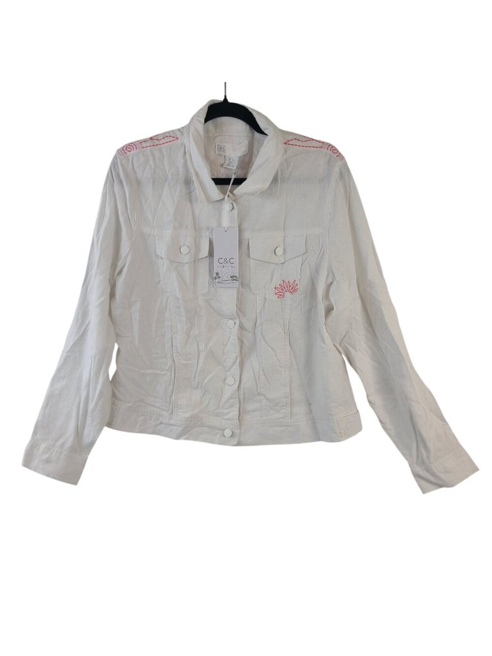 NEW C&C California White Linen Blend Embroidered Jacket With Front Pockets Sz L